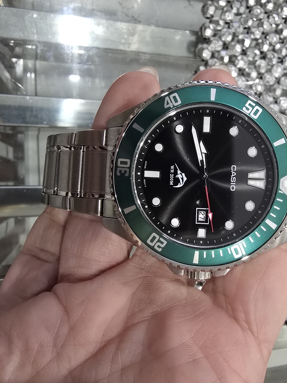 Casio Men's Stainless Steel Watch with Green Bezel